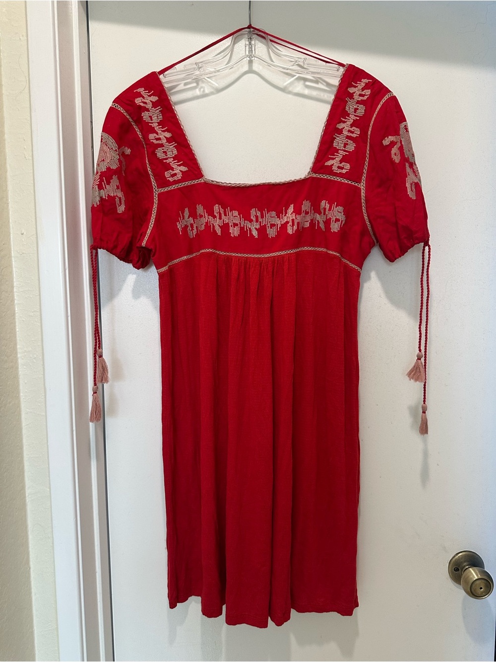 Zara Red Dress with Cream Embroidered Trim & Puff Sleeve w Tie Mini Size Medium
